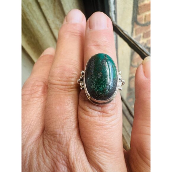 Vintage Estate Sterling Silver Moss Agate Ring Sz 7 Statement 925, 10g Unique - Picture 1 of 9